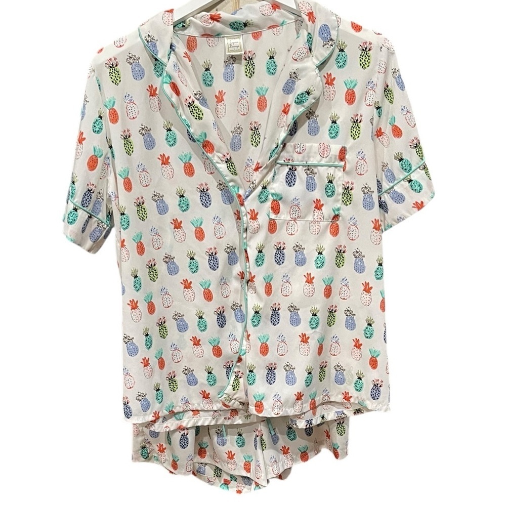 Japana Lounge 2 PC Pineapple Shorts Short Sleeve Button‎ Up Top Pajama Set SZ L
